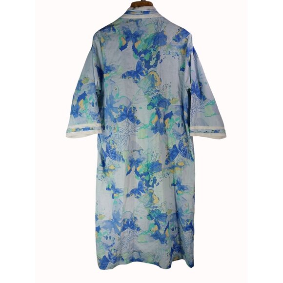 National Womens Zip Front Housecoat Robe 1X Blue Floral Butterfly Cozy Lounge - Picture 7 of 11